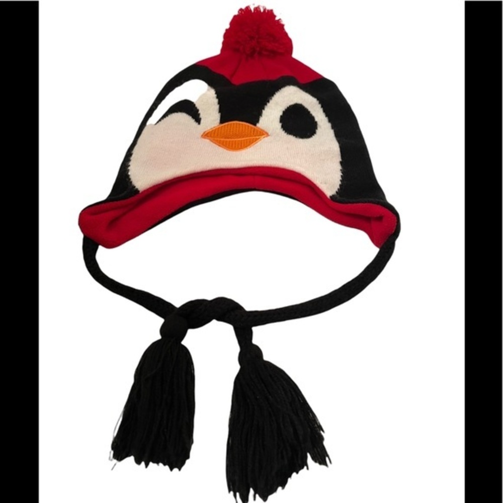 Penguin Knit Hat with Red Pom Pom on top